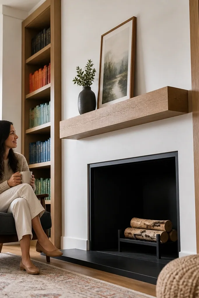 Floating mantel with tall bookcase columns on both sides of a fireplace