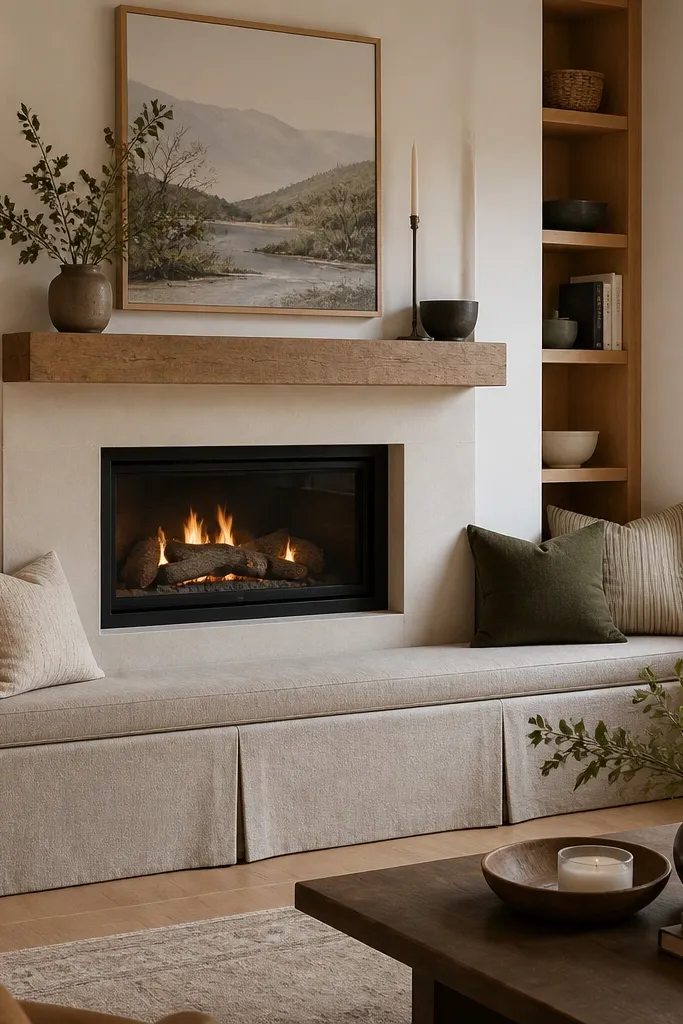 Fireplace with built-in seating below and shelves on both sides