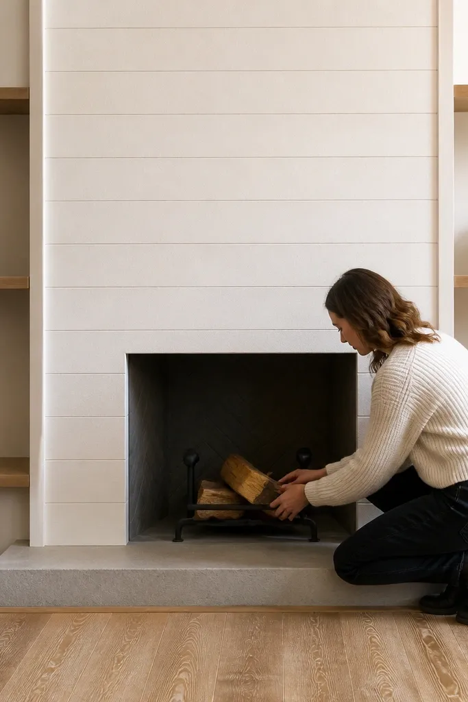 Recessed fireplace with textured paneling and built-in shelves flanking it