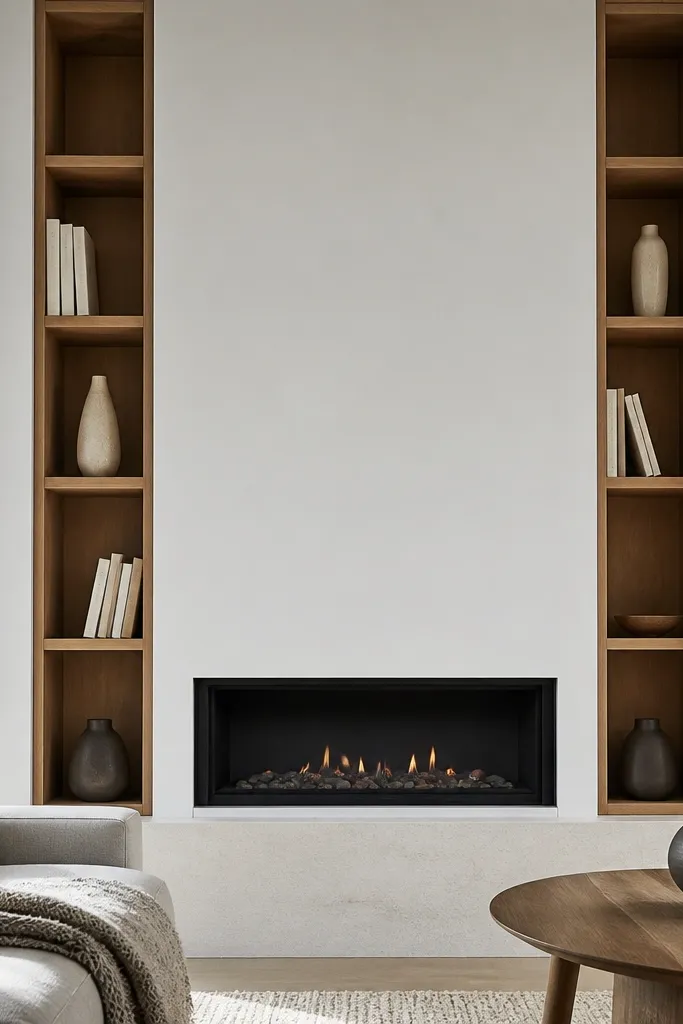 Narrow tall shelves with a centered column framing a fireplace