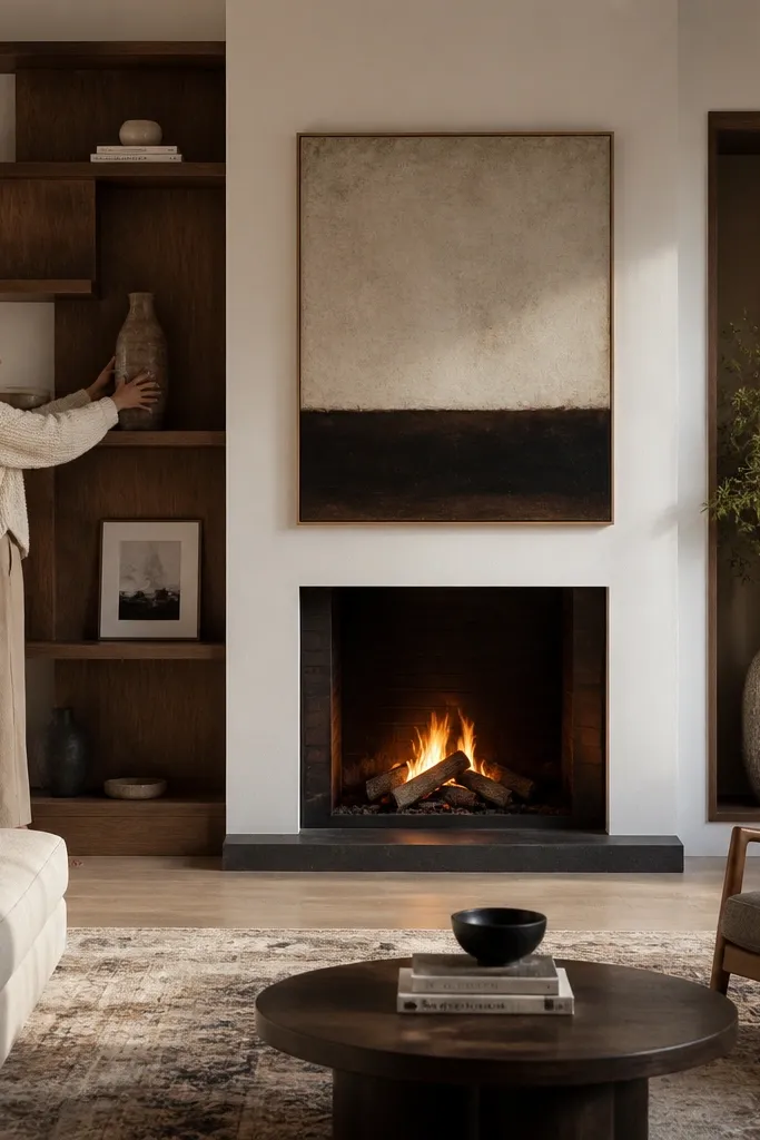 Asymmetrical built-ins with shelves on one side and a clean mantel surround