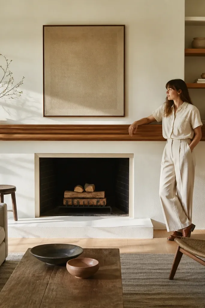 Long mantel beam with built-in shelf ledges and a rail detail under each shelf
