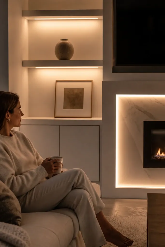 Wall shelves around a fireplace with subtle LED strip lighting under shelves
