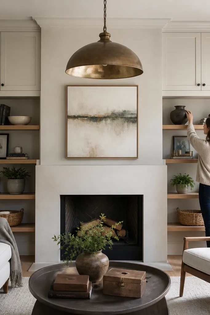 Upper cabinet ledgers with open lower shelves flanking a fireplace