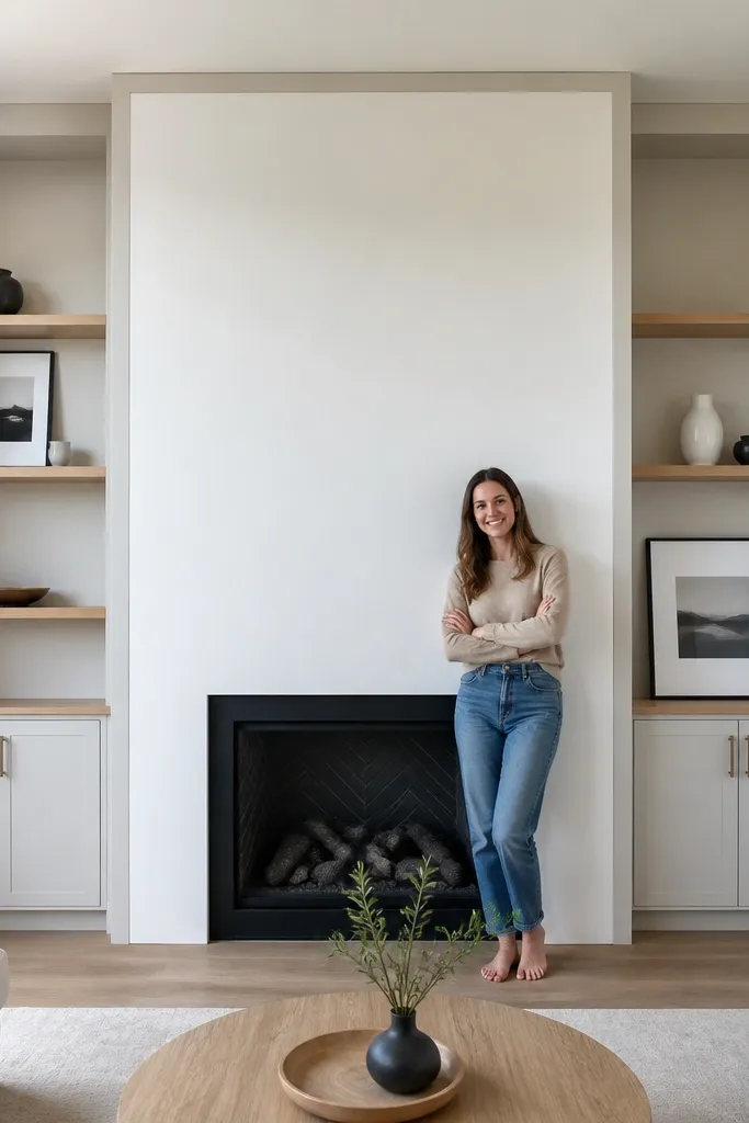 Minimal flat-panel built-in shelves with thin trim borders beside a fireplace