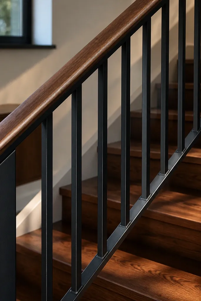Matte black metal posts with a warm walnut top rail