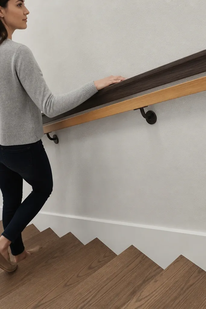 Dark top handrail with a lighter base rail and matching posts