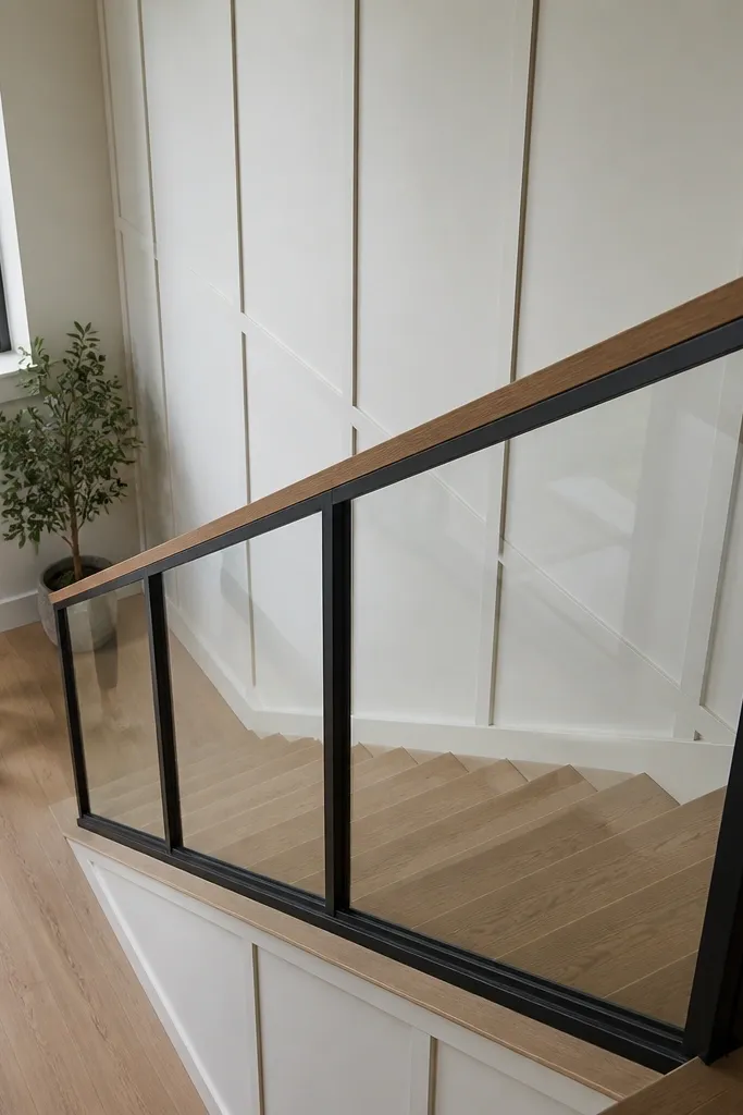 Clear panel infill in a matte black frame with a wood top rail
