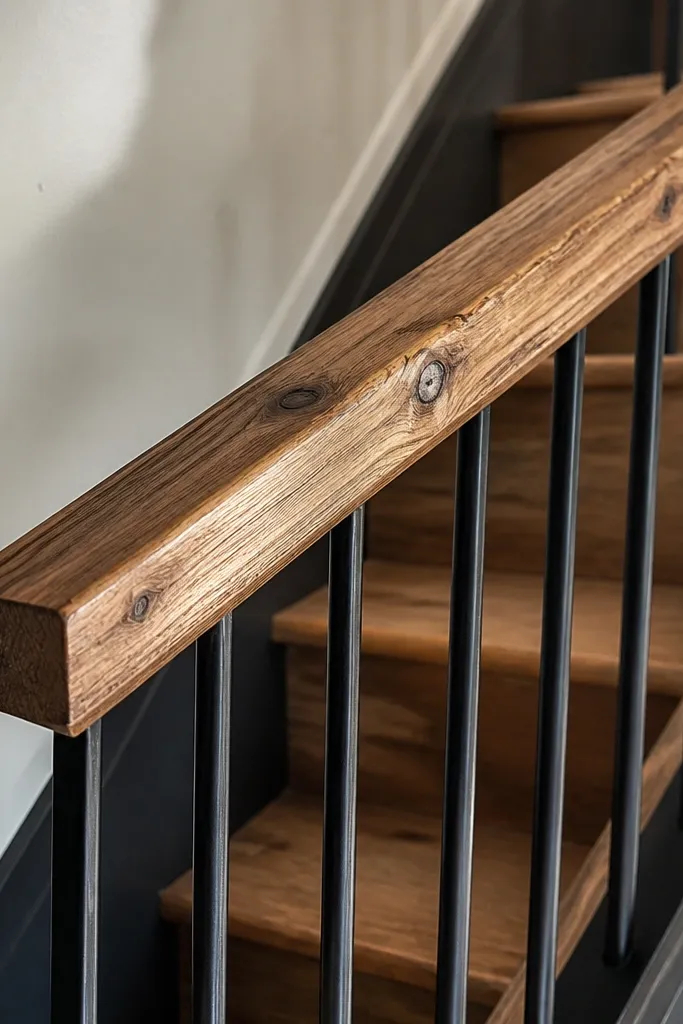 Reclaimed wood handrail with black iron vertical balusters