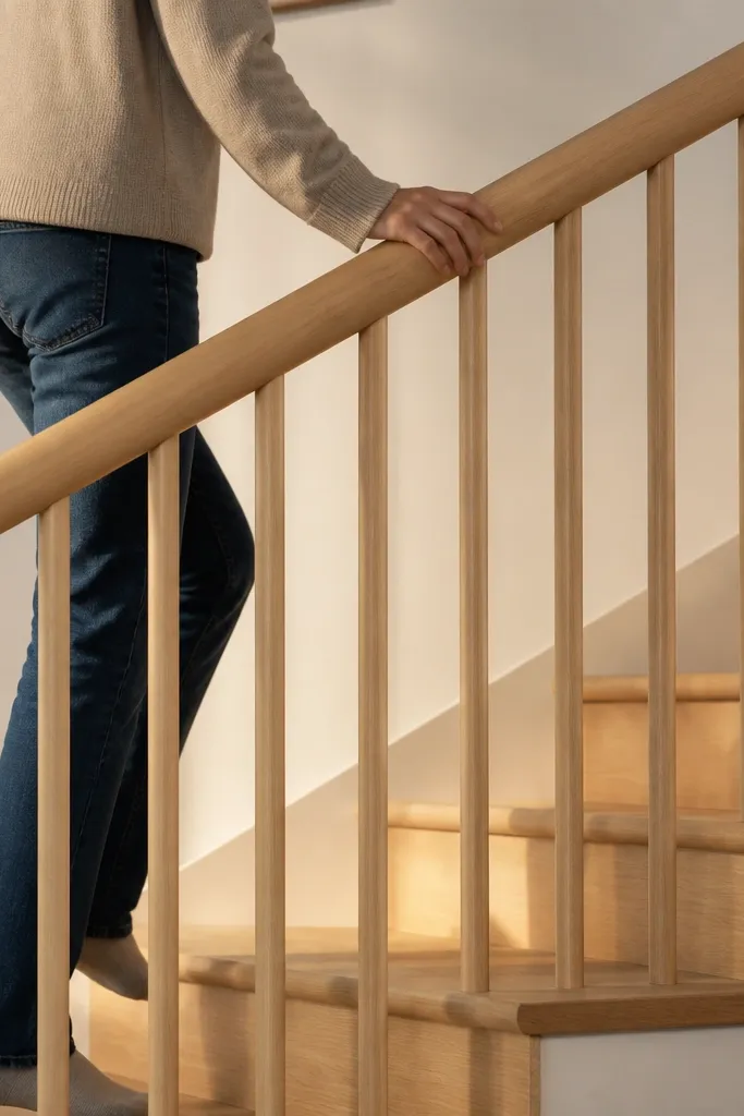 Round wooden dowels with a continuous wood handrail