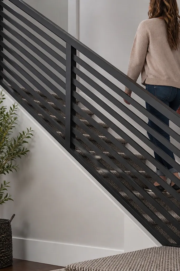 Powder-coated black steel frame with horizontal slats and a matching top rail