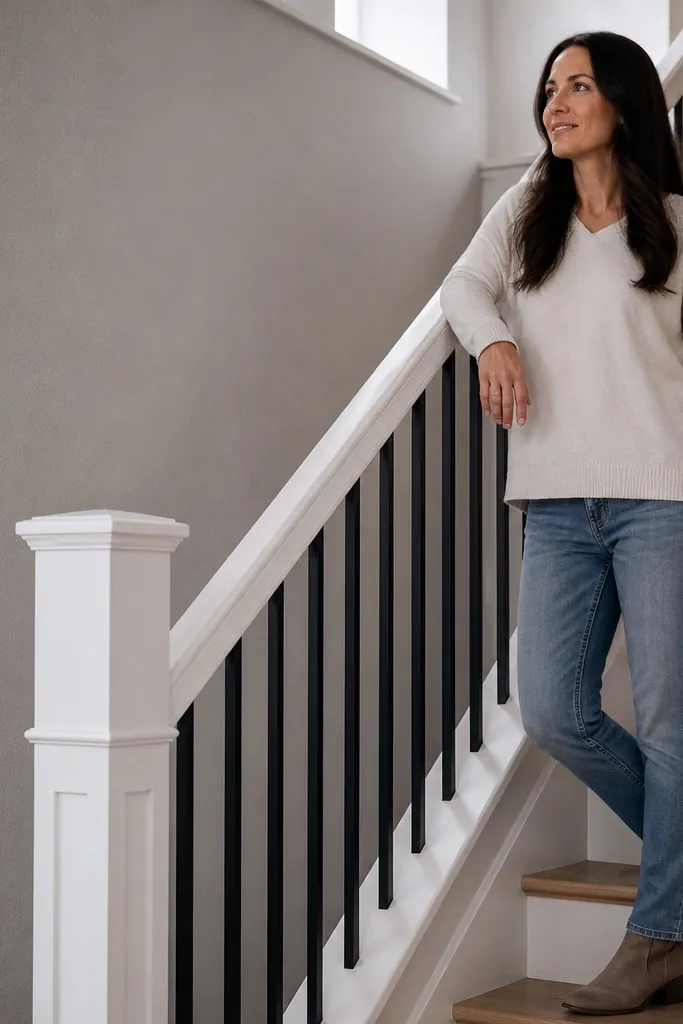 White top rail with slim black balusters and clean straight lines