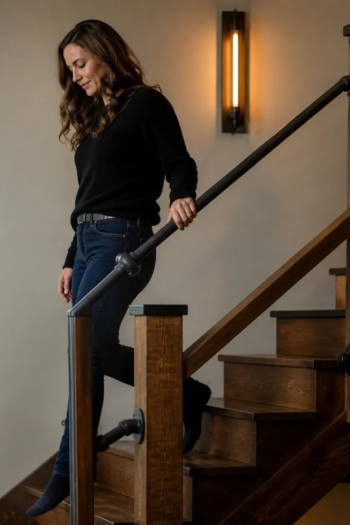 Black metal pipe handrail with wood posts and clean black fittings