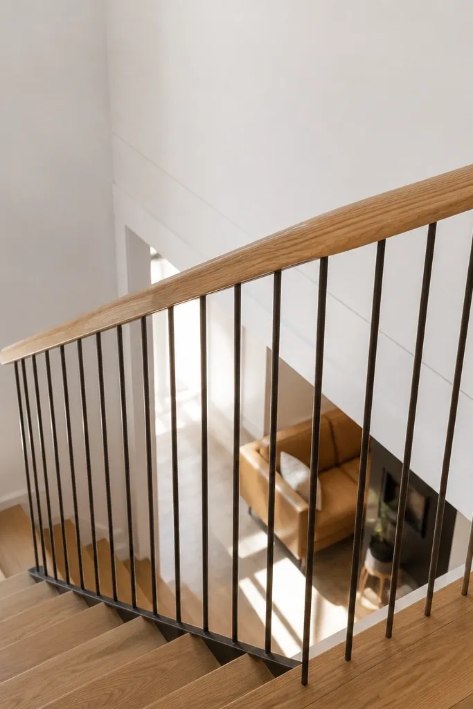 Matte black vertical steel rods with only a top handrail