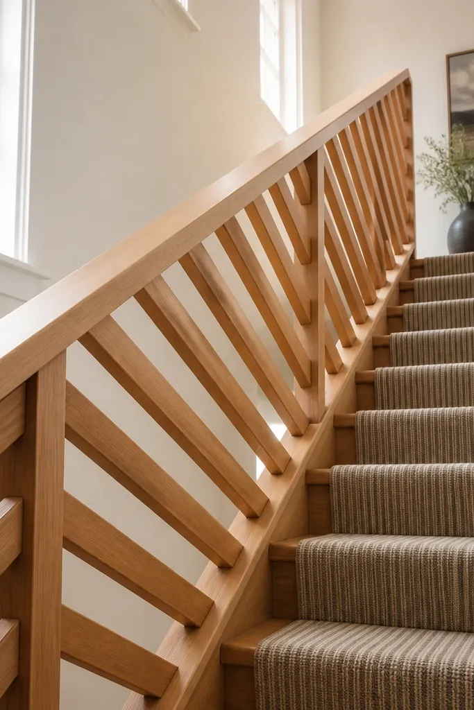 Angled wood slats infill with a smooth top rail and black posts