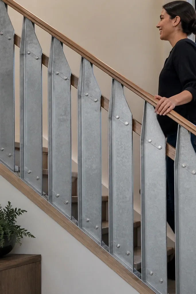 Galvanized vertical panels with a warm wood handrail