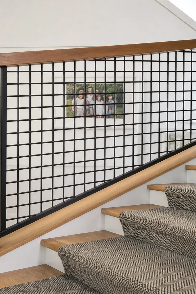 Black steel lattice infill with a minimal handrail and straight posts