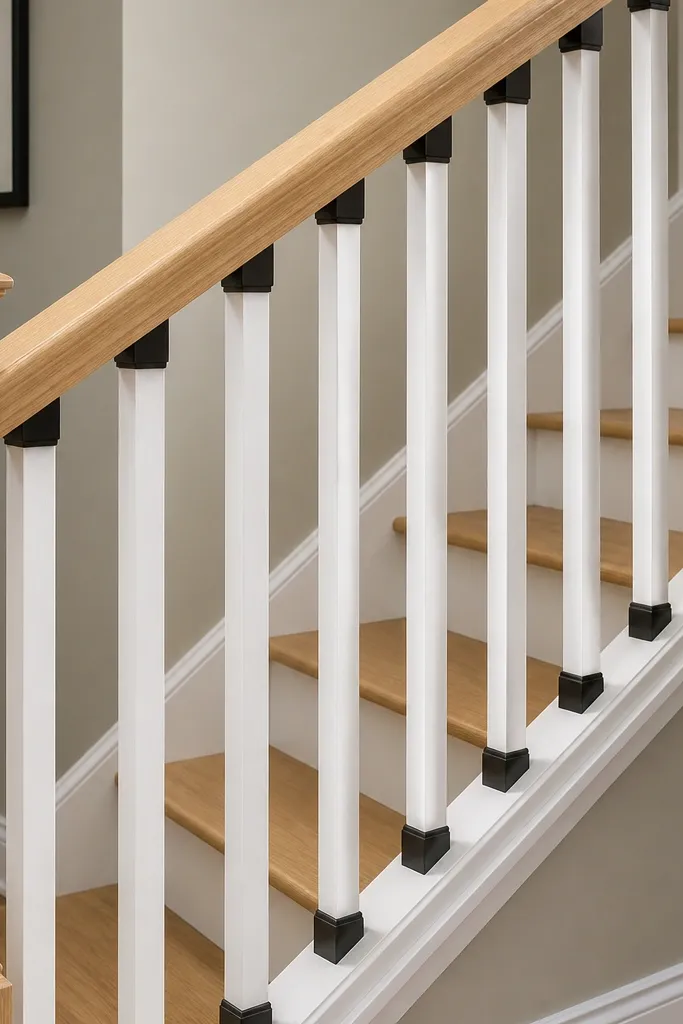 Light oak handrail, white balusters, and black end caps on posts