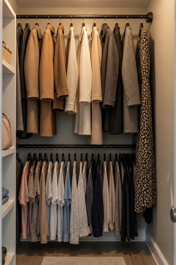 White closet with two metal rods and matching hangers for shirts and coats