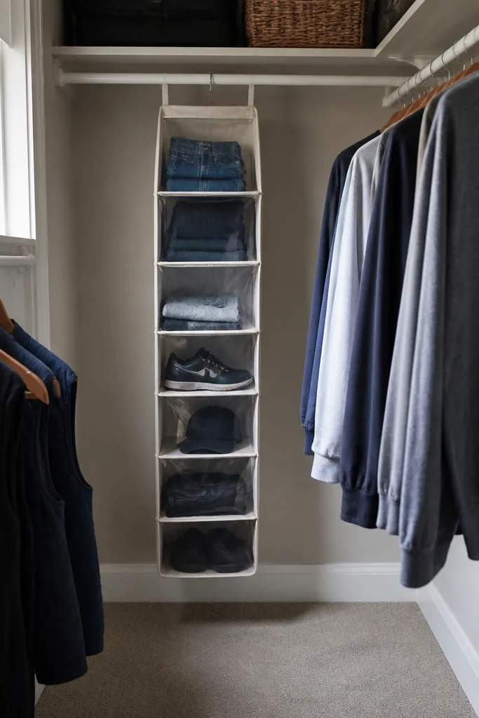Hanging organizer mounted to back wall with folded stacks visible in sections