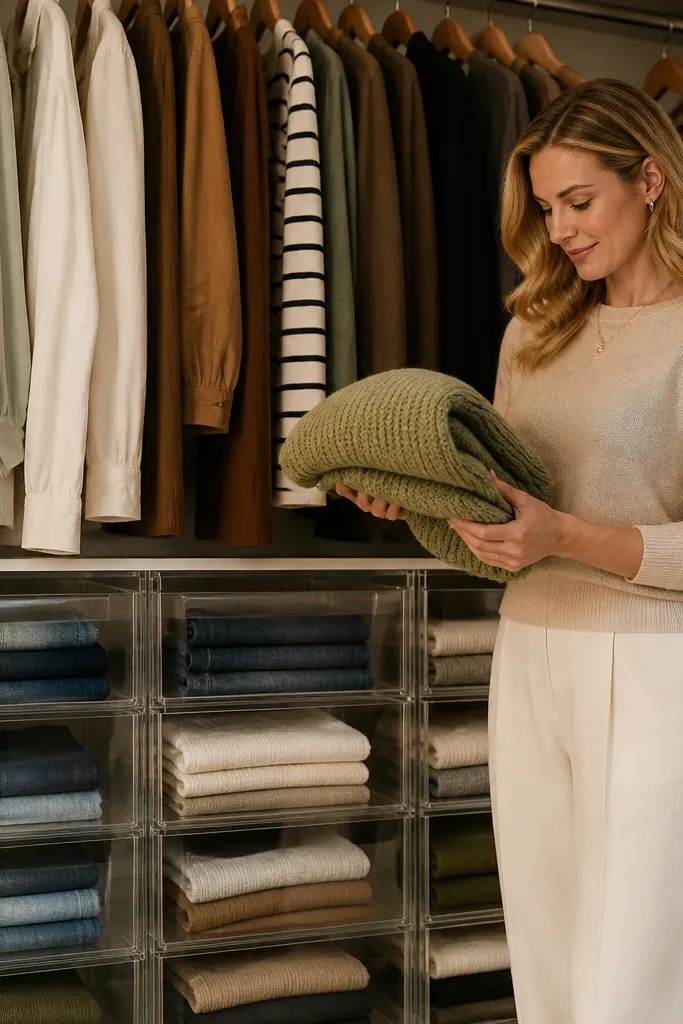 Clear drawers under hanging clothes with labeled white cards