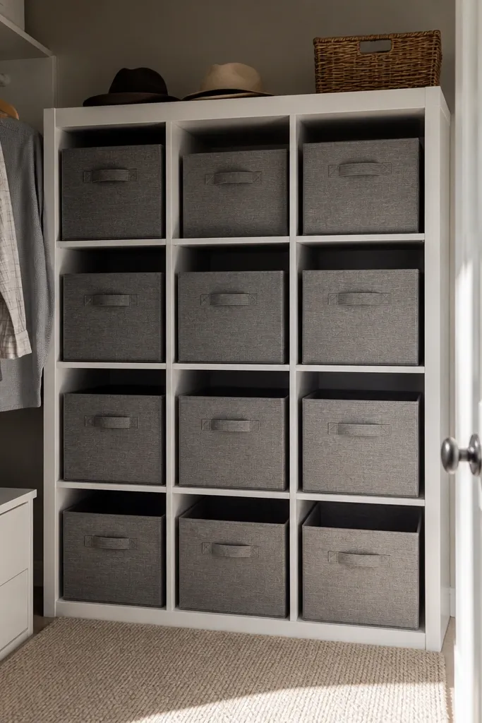 White cube shelves with gray bins and stacked folded clothes