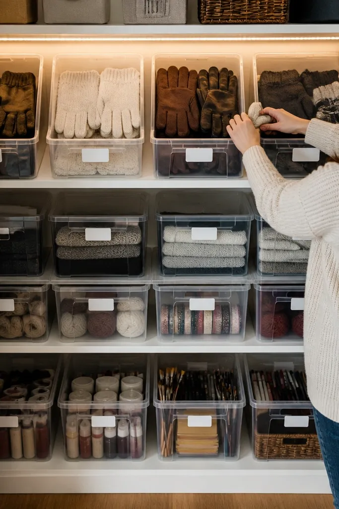 Stacked clear lidded bins on a shelf with white labels
