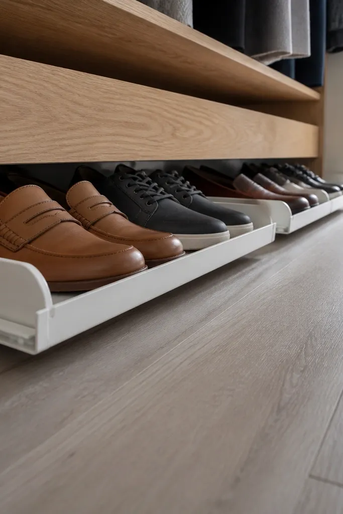 Pull-out trays under a shelf holding shoes in matching rows