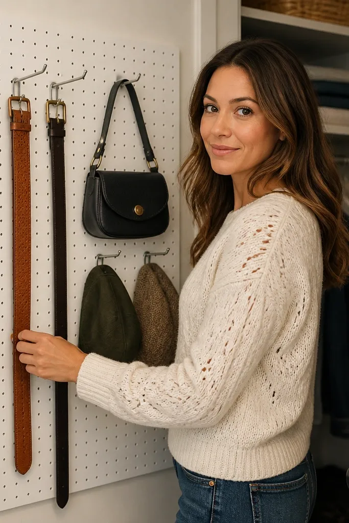White pegboard mounted inside closet door with hooks holding belts and bags