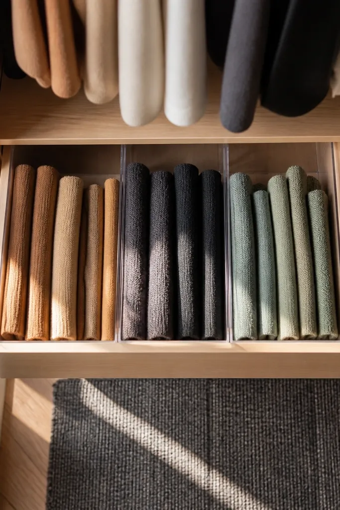 Drawer with stacked sweaters in file trays and a single labeled front card