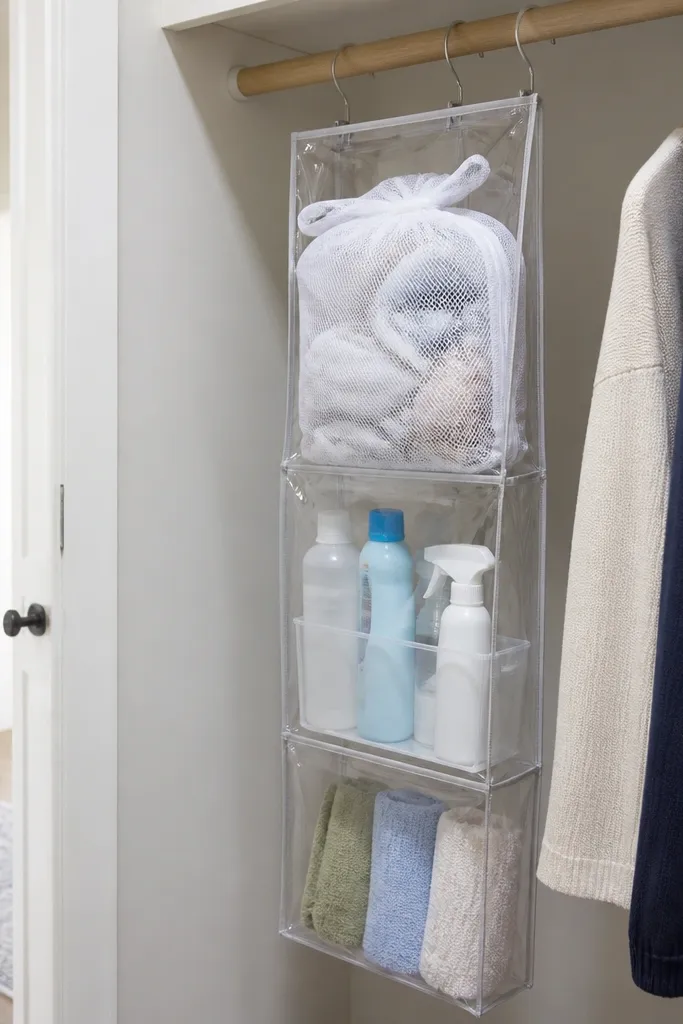 Clear hanging bags on closet wall with labeled sections for laundry and delicates