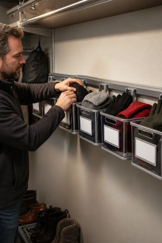 Bins mounted on a track system inside closet with seasonal labels