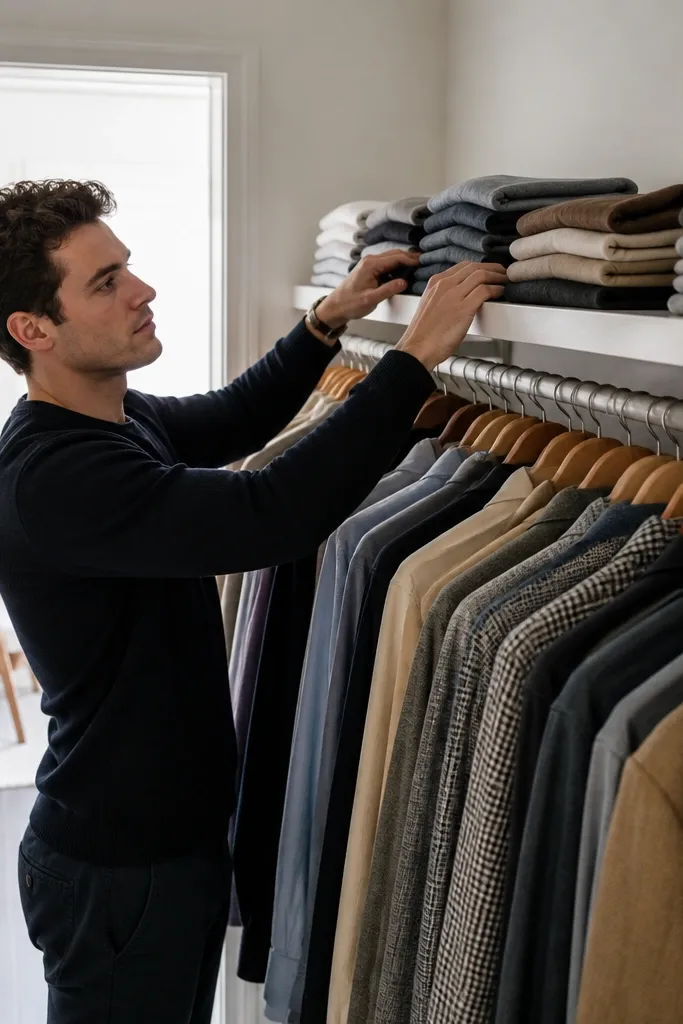 Small shelf above closet rod with neatly folded shirts in matching stacks