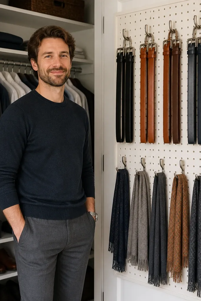 Pegboard on closet door with hooks holding belts and scarves in rows