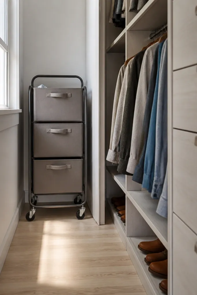 Slim rolling laundry sorter tucked beside closet wall with labeled bins