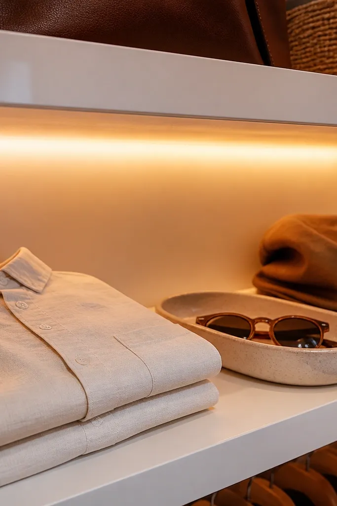 Small shelf with warm light behind it and neatly stacked folded accessories