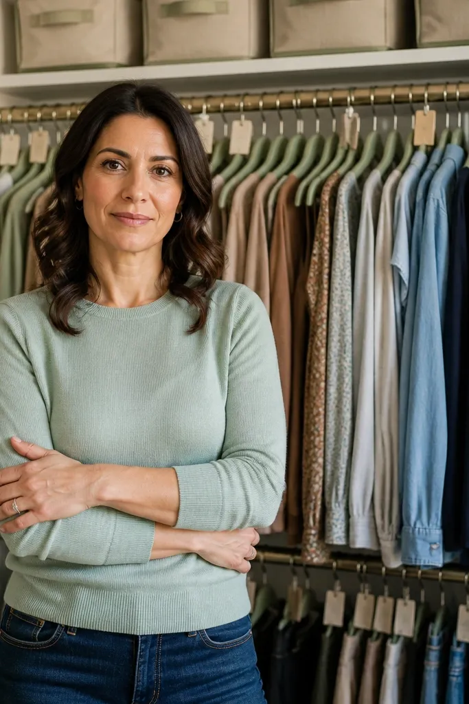 Closet with matching hangers and small color-coded tags on garment sections