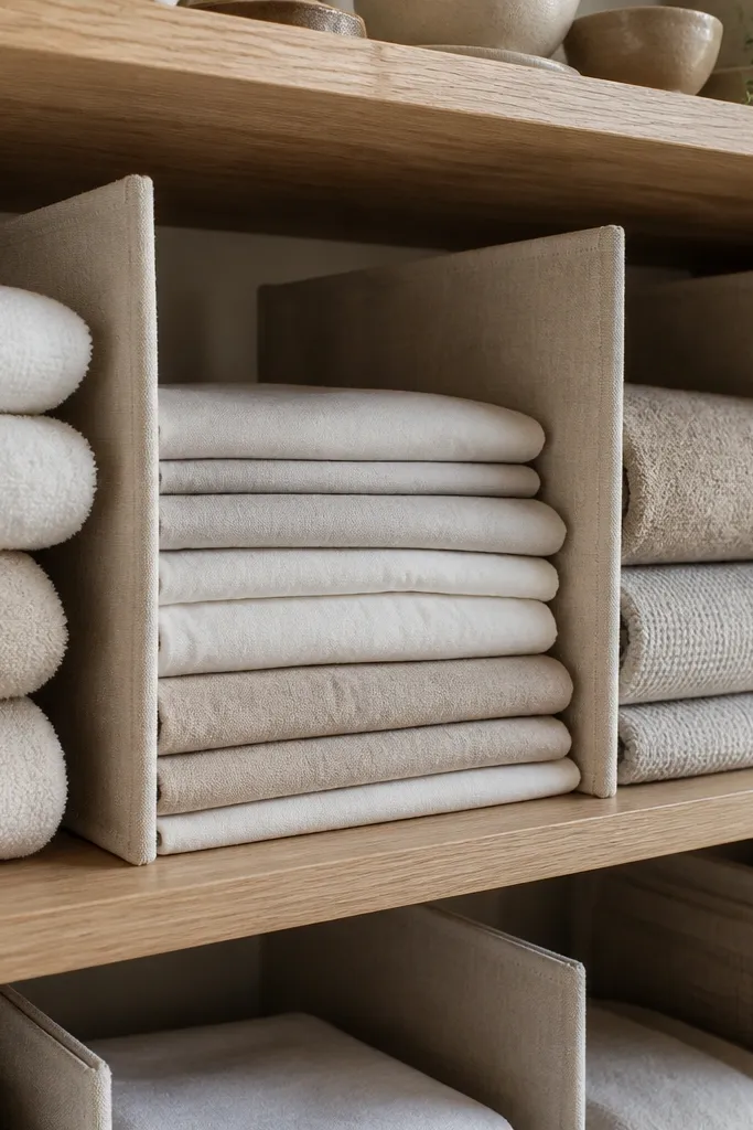 Shelf with white dividers creating tidy rows for folded linens and towels