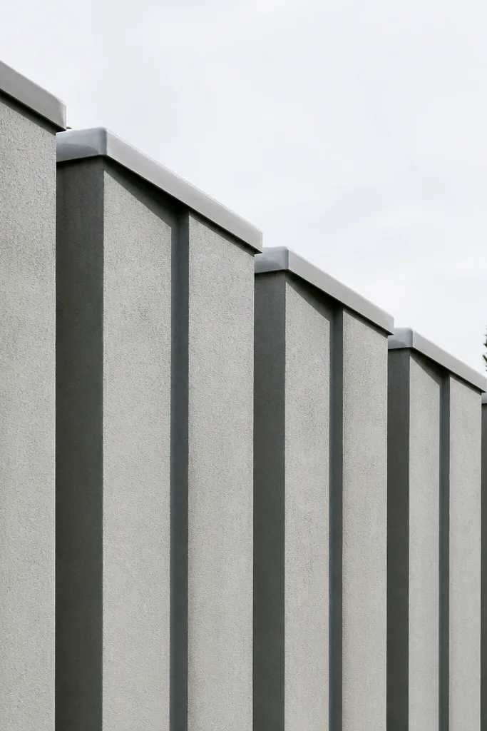 Grey wall with straight vertical grooves and light coping caps on top