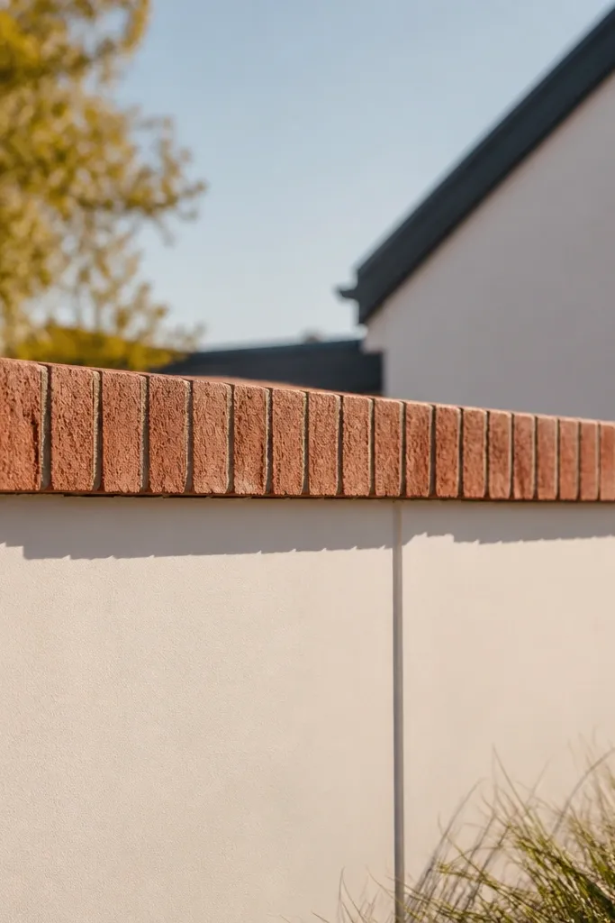 Solid grey wall topped with a row of bricks set on edge