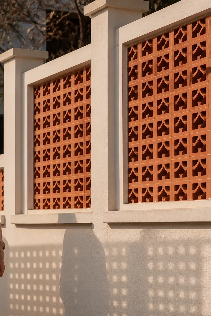 Privacy wall with framed sections of perforated brick