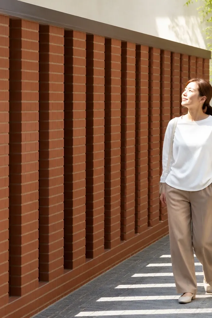 Brick wall with narrow vertical gaps alternating between solid sections