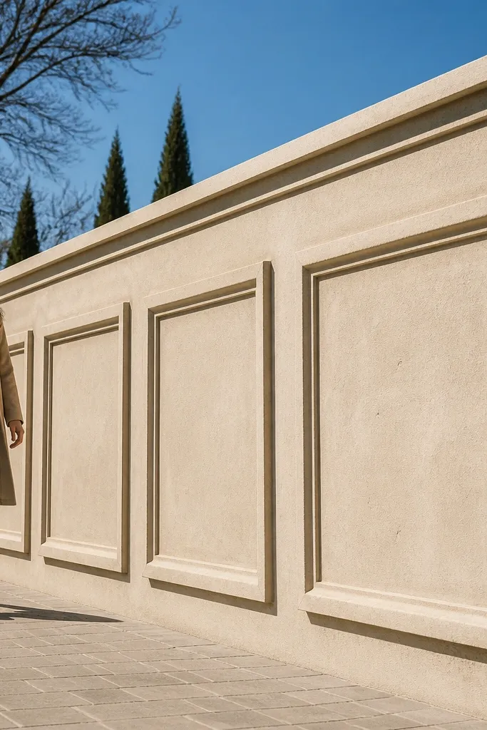 Light limestone colored wall with raised border rectangles around each panel