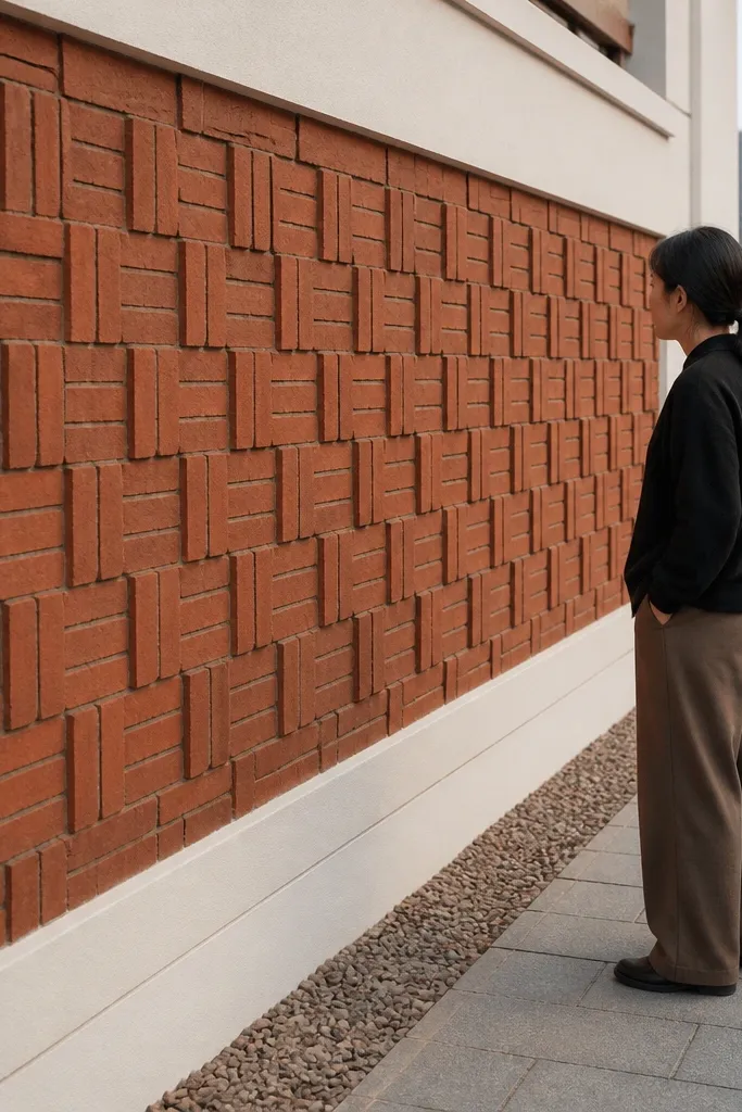 Brick checkerboard pattern wall with clean plaster trim borders