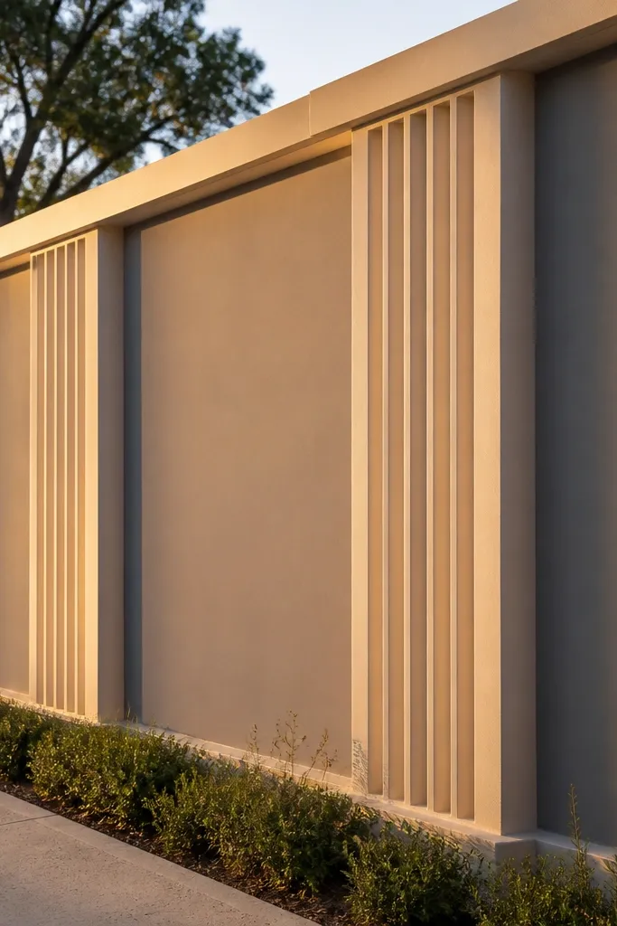 Wall with thick vertical cement columns and smooth panel bays between