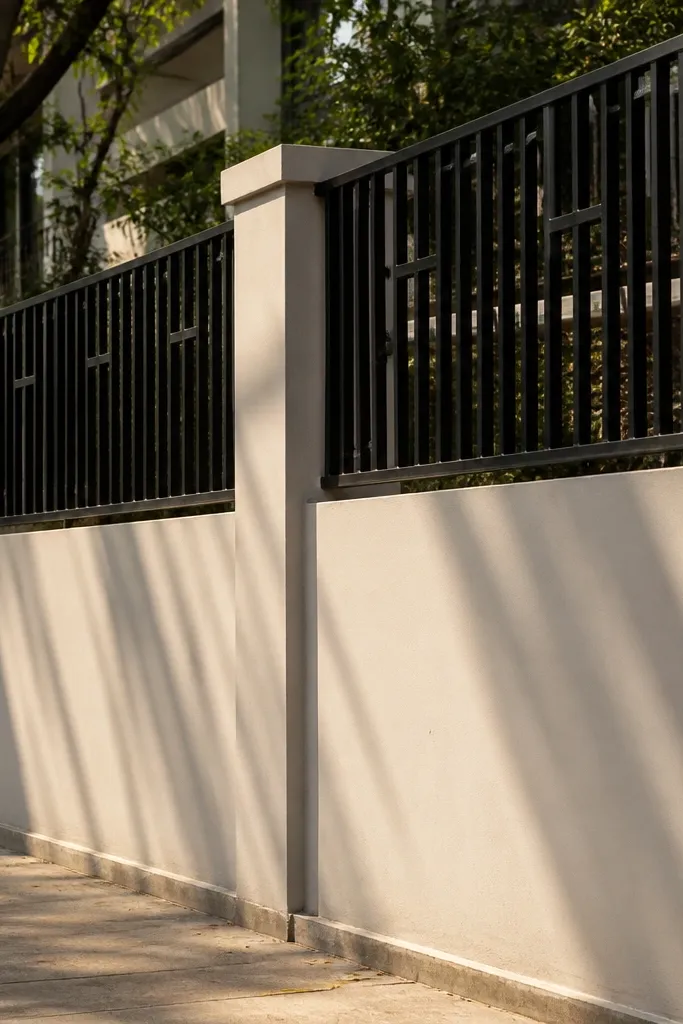 Solid lower wall with a black metal grille upper section