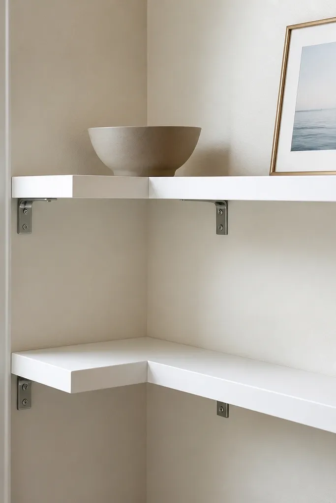 White corner shelves with slim metal brackets and a clean ledge edge