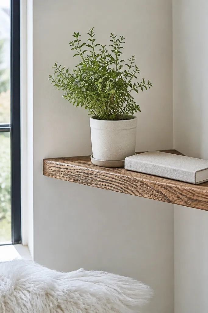 Warm oak corner shelf with a floating look and subtle grain