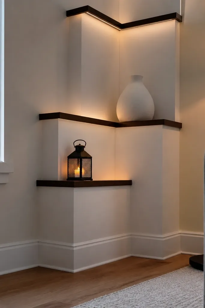 Staggered corner shelves painted light with dark trim edges