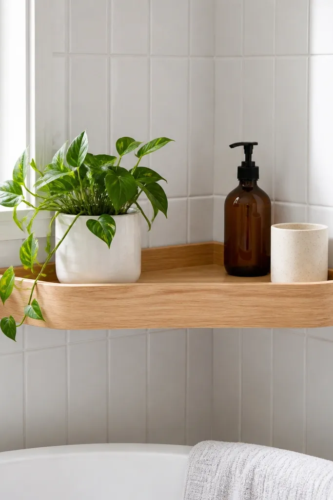 Corner shelf with a shallow planter trough and a wood ledge
